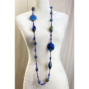 Extra Long vintage painted wood bead necklace blue gold green marbled paint